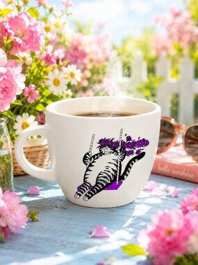 Swinging Cat Stoneware Mug 17 oz | Floral Cat Coffee Mug | Handmade Gift
